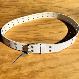 White Genuine Leather Double Grommet Belt Silver Double Prong Buckle Large 40-44
